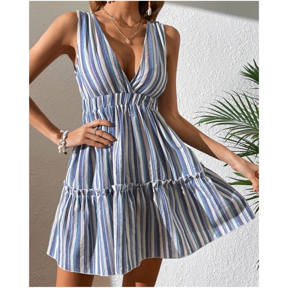 Boho Plunging Neck Striped Backless Mini Dress - Picture 2 of 4